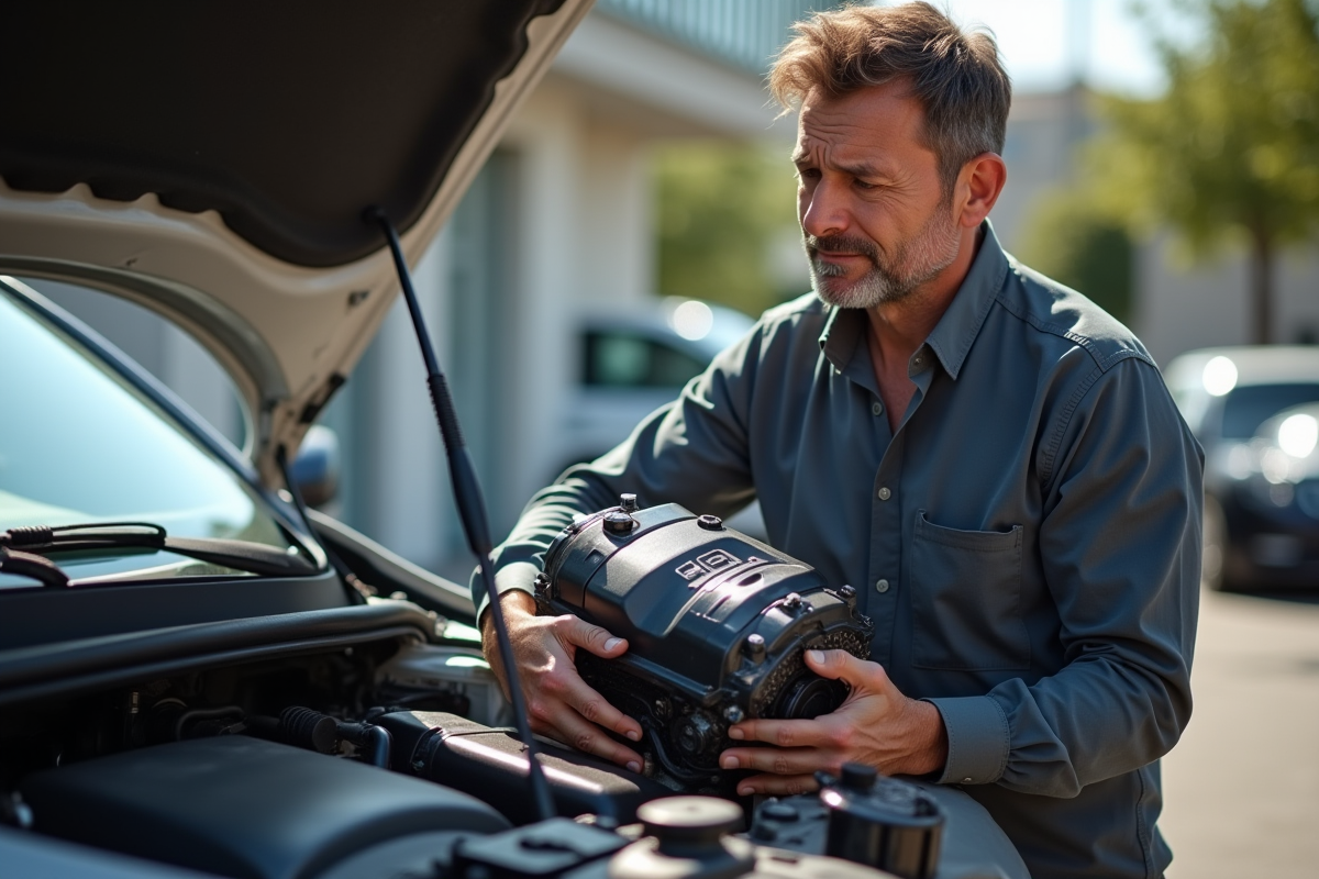 Personne tenant un moteur de voiture avec expression inquiète
