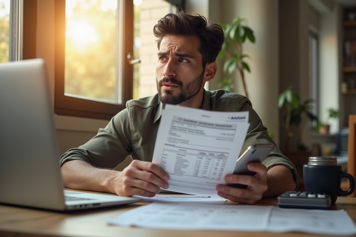 Personne à la maison tenant un relevé bancaire fermé et un smartphone