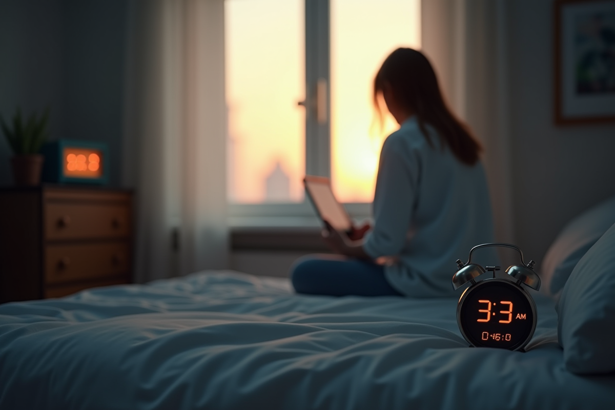 Personne seule sur le lit avec réveil à 3h33 du matin