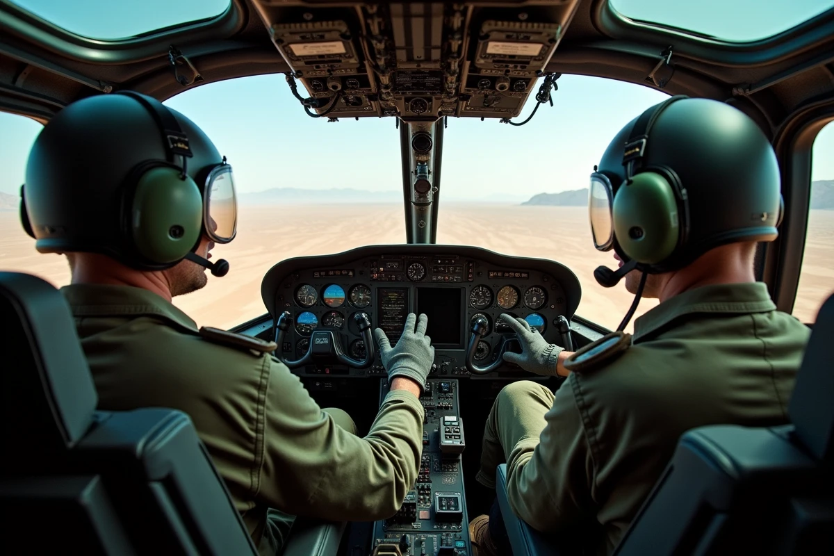 Deux pilotes militaires aux commandes d'un hélicoptère en mission opérationnelle au-dessus d'un paysage désertique, cockpit réaliste avec instrumentation