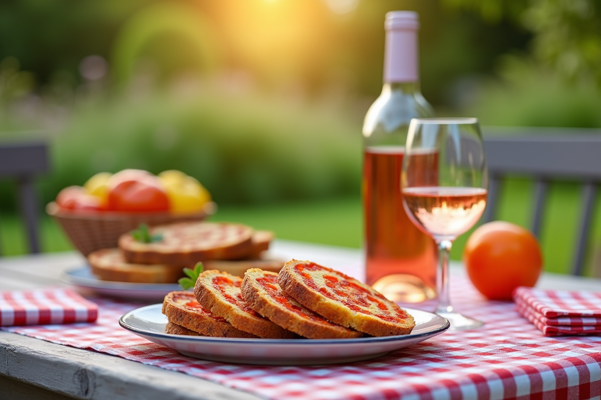 Partie de gâteau aux poivrons et chorizo avec verre de rosé en extérieur