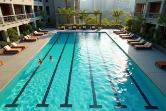 Piscine collective extérieure moderne dans une résidence urbaine avec couloirs de nage et plages en béton, vue aérienne