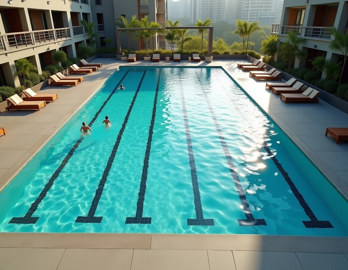 Piscine collective extérieure moderne dans une résidence urbaine avec couloirs de nage et plages en béton, vue aérienne