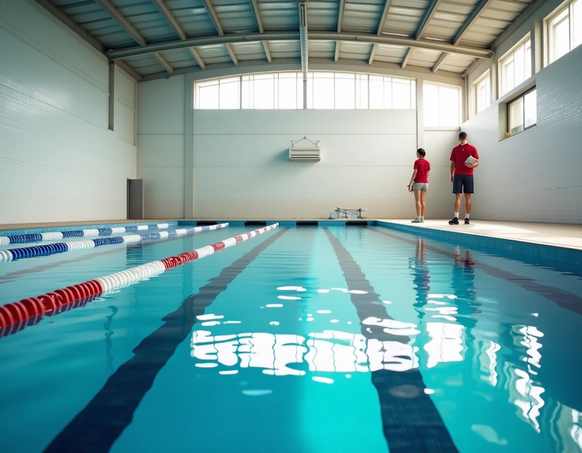 Intérieur de piscine municipale couverte avec maître-nageur en service, couloirs de nage et blocs de départ