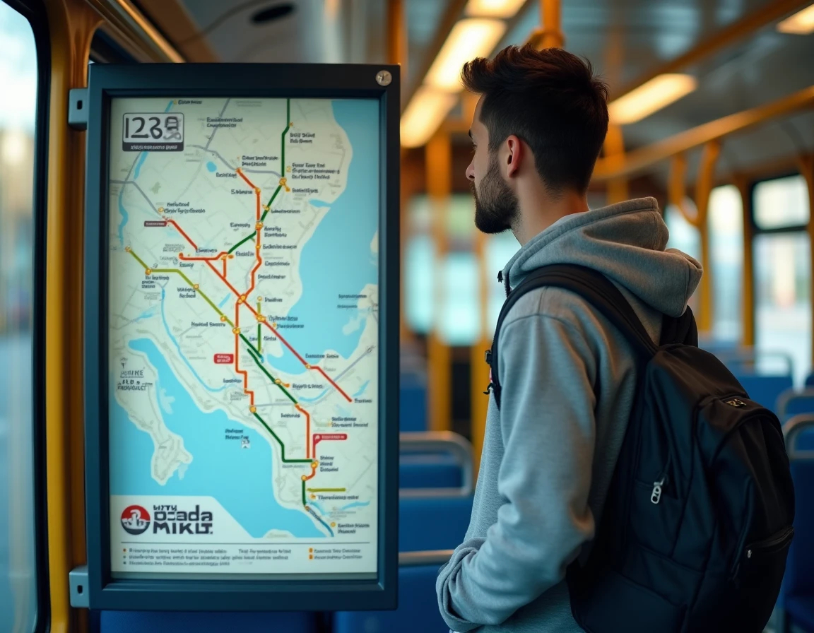 Passager consultant le plan de la ligne 235 à l'intérieur d'un bus urbain avec carte des zones affichée