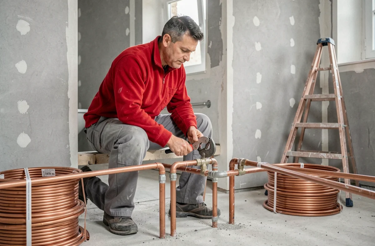 Plombier de Plomberie Brancourt-le-Grand raccordant des tuyaux en cuivre lors d'une installation en construction neuve