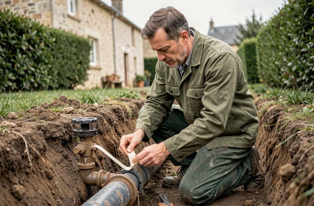 Plombier de Plomberie Mesbrecourt-Richecourt réparant une canalisation d'eau enterrée dans un jardin rural