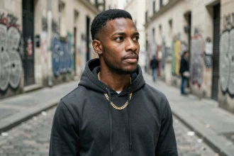 Portrait urbain d'un jeune artiste rap français au regard pensif dans une rue parisienne avec graffitis