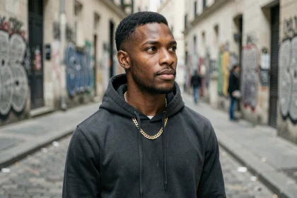 Portrait urbain d'un jeune artiste rap français au regard pensif dans une rue parisienne avec graffitis