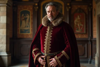 Portrait en costume Tudor d'un homme d'âge mûr incarnant Henri VIII, debout dans une grande salle en pierre avec boiseries sombres et tapisseries, expression autoritaire et regard ambigu