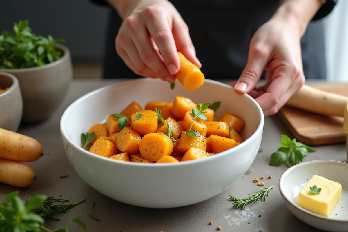 Main servant des panais rôtis dans un bol blanc dans une cuisine moderne
