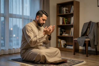 Homme pratiquant la prière Fajr à l'aube dans un appartement urbain avant d'aller travailler