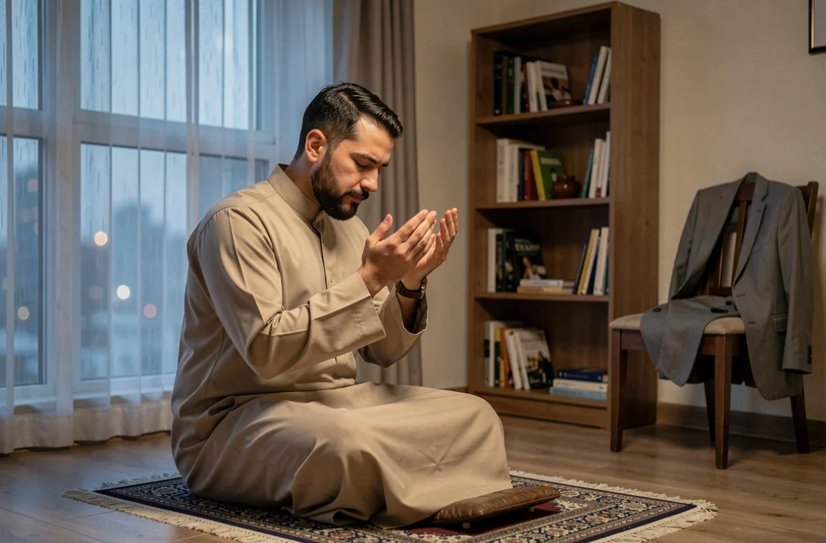 Homme pratiquant la prière Fajr à l'aube dans un appartement urbain avant d'aller travailler