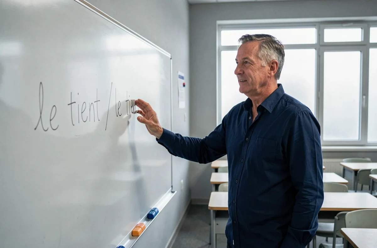 Professeur de français expliquant la différence grammaticale entre tient et tiens devant un tableau blanc en classe