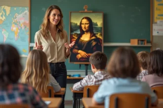 Professeure d'art expliquant la Mona Lisa en classe