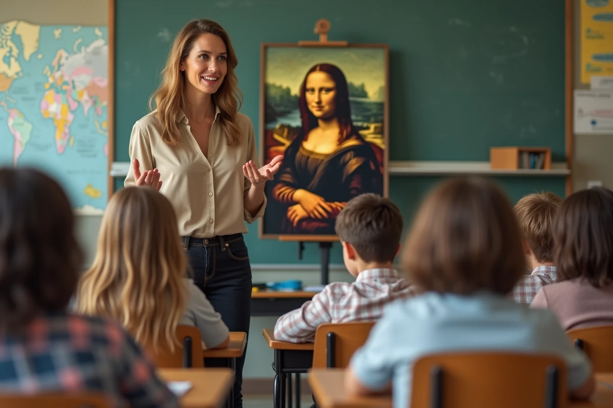 Professeure d'art expliquant la Mona Lisa en classe