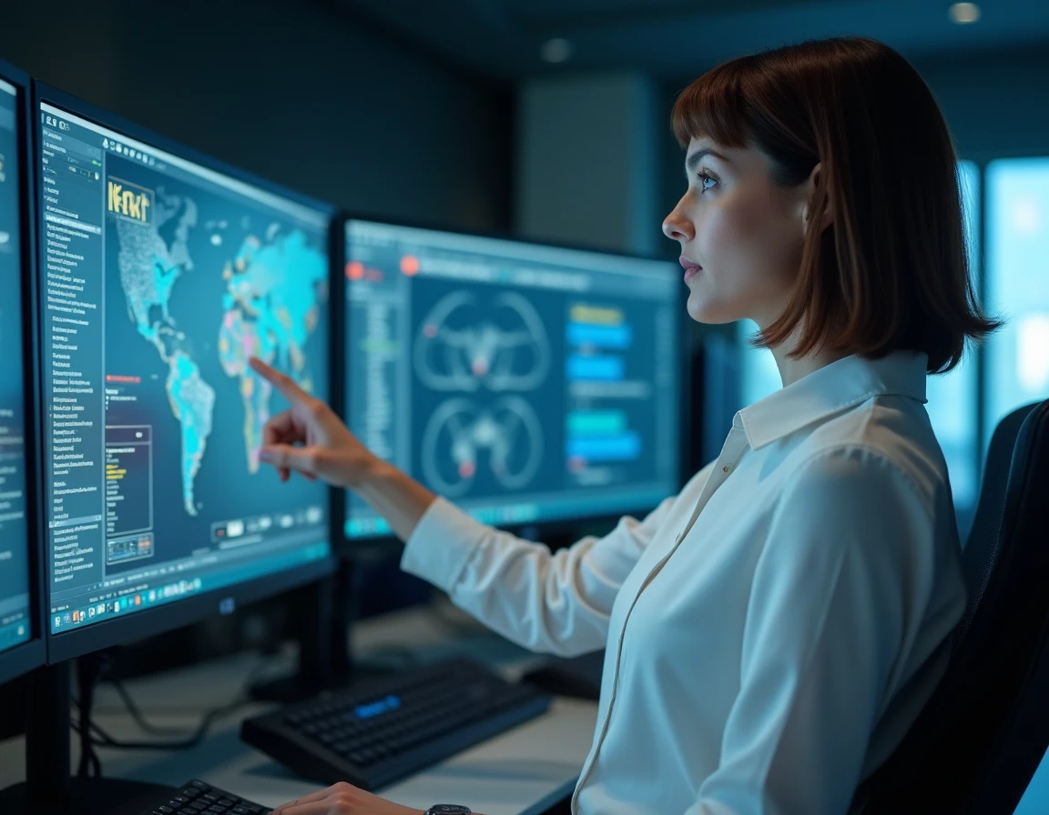 Professionnelle en cybersécurité analysant des résultats de scan réseau et VPN dans un centre opérationnel
