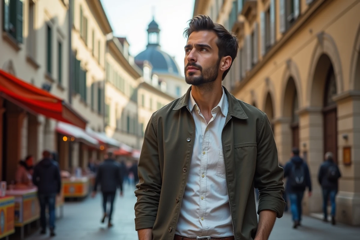 Jeune homme méditerranéen marchant dans une place urbaine animée