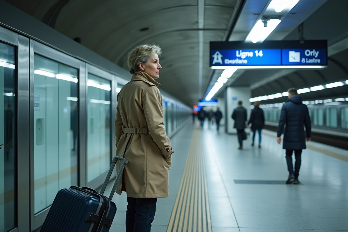 Voyageuse avec valise sur le quai de la ligne 14 du métro parisien, panneau Orly visible en arrière-plan