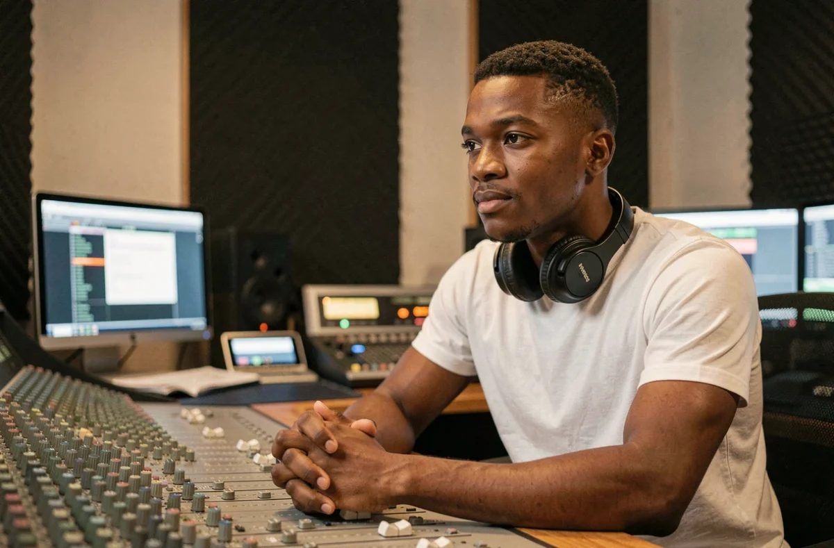 Jeune rappeur assis devant une console d'enregistrement en studio de musique dans une atmosphère introspective