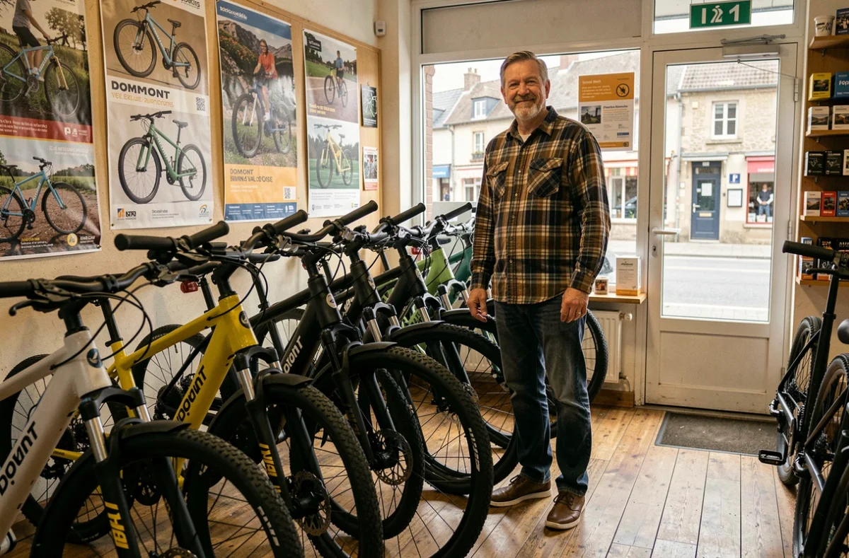 Propriétaire du magasin Rayon Vélo à Domont présentant une sélection de vélos électriques dans sa boutique