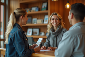 Femme d'âge moyen à la réception d'un hostel accueillant