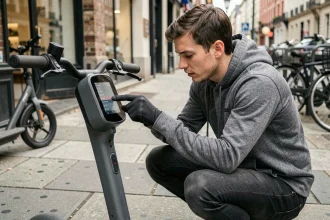 Homme accroupi examinant les réglages d'affichage d'une trottinette électrique sur un trottoir urbain