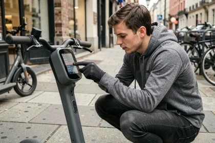 Homme accroupi examinant les réglages d'affichage d'une trottinette électrique sur un trottoir urbain