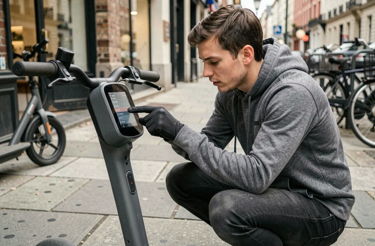 Homme accroupi examinant les réglages d'affichage d'une trottinette électrique sur un trottoir urbain