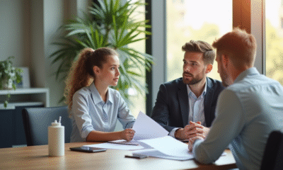 Jeune couple rencontrant un agent immobilier dans un bureau lumineux