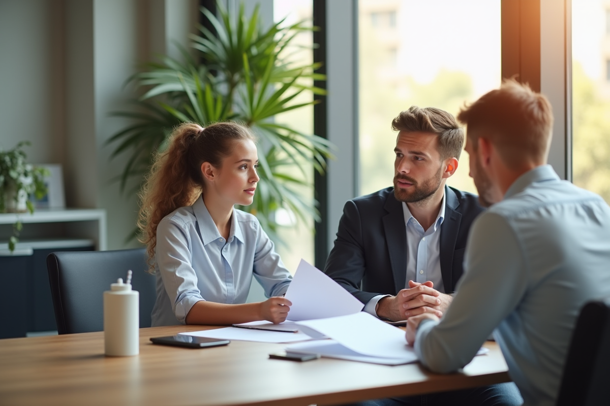 Jeune couple rencontrant un agent immobilier dans un bureau lumineux
