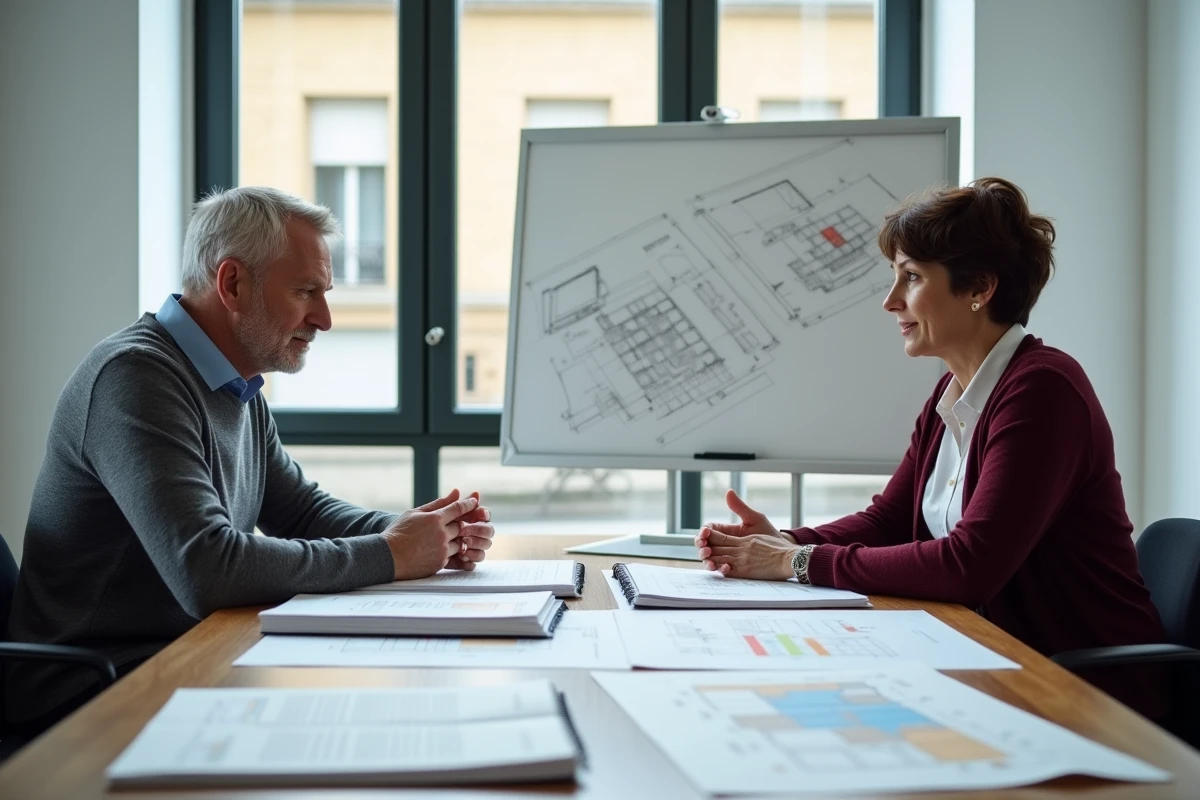 Réunion entre professionnels de l'immobilier autour de plans cadastraux et du code civil, pour interpréter les droits de propriété définis par l'article 544