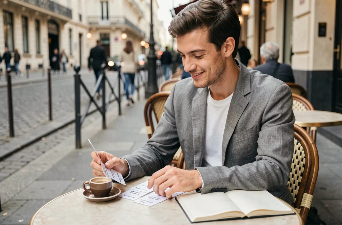 Jeune homme révisant des fiches de vocabulaire français dans un café parisien en plein air