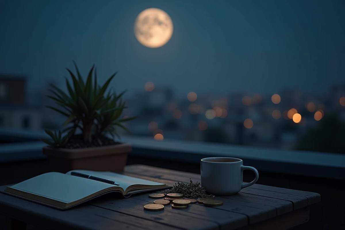 Table rituelle sous la pleine lune de novembre sur un toit urbain avec carnet, pièces et herbes séchées