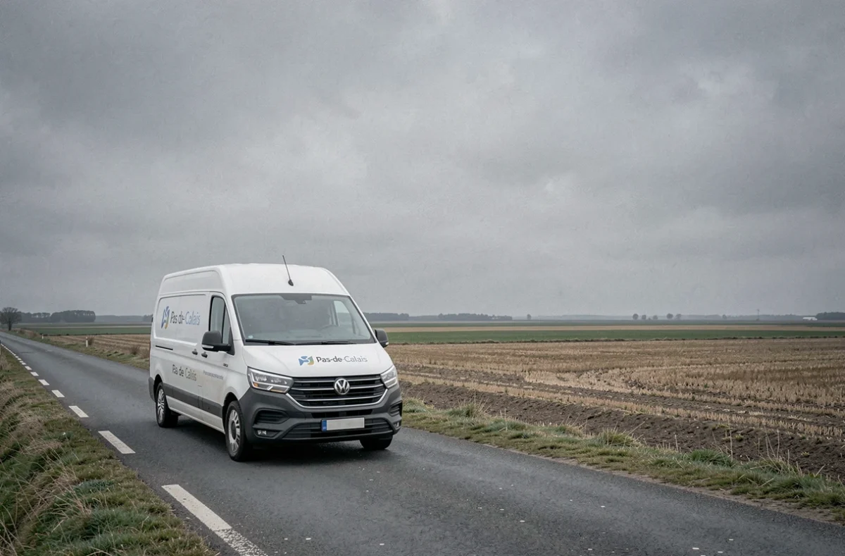 Véhicule de transport RMB Transports garé sur une route rurale dans les plaines agricoles du Pas-de-Calais