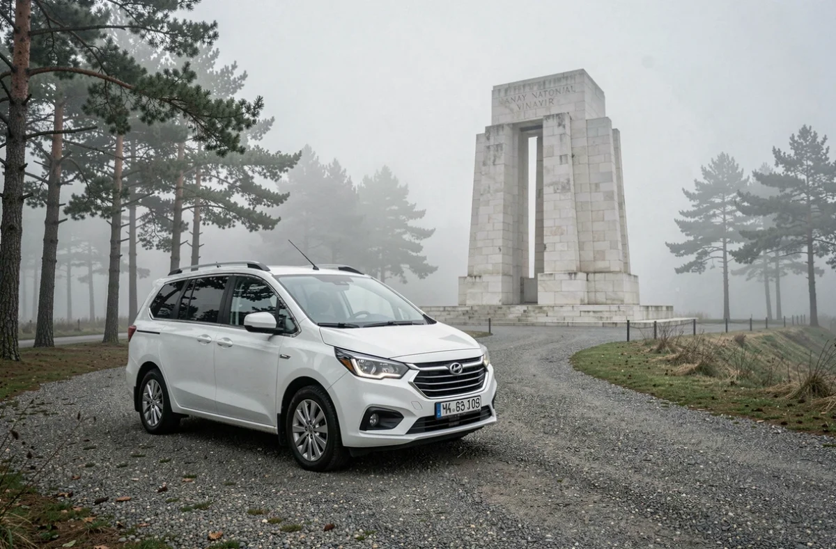 Véhicule de RMB Transports stationné près du Mémorial canadien de Vimy avec les pylônes du monument dans la brume