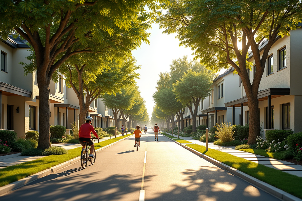 Rue résidentielle avec enfants et cyclistes en après-midi