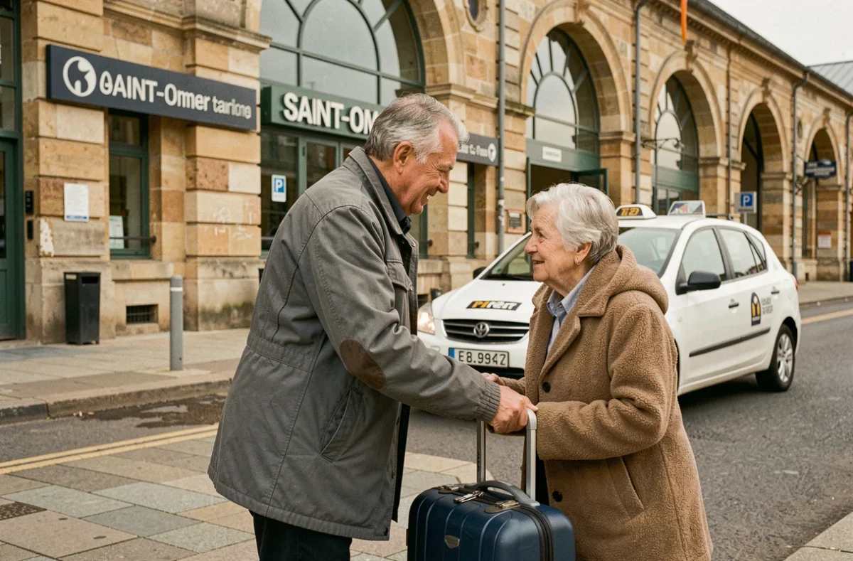 Chauffeur de Saint Omer Taxis aidant une passagère avec ses bagages devant la gare de Saint-Omer