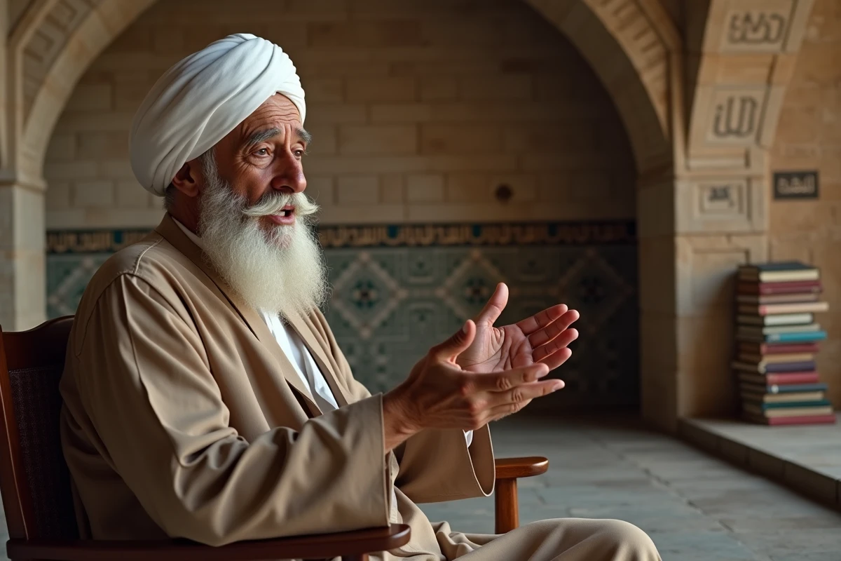 Savant islamique âgé donnant des conseils sur la douaa istikhara dans un coin d'étude d'une mosquée, cadre traditionnel