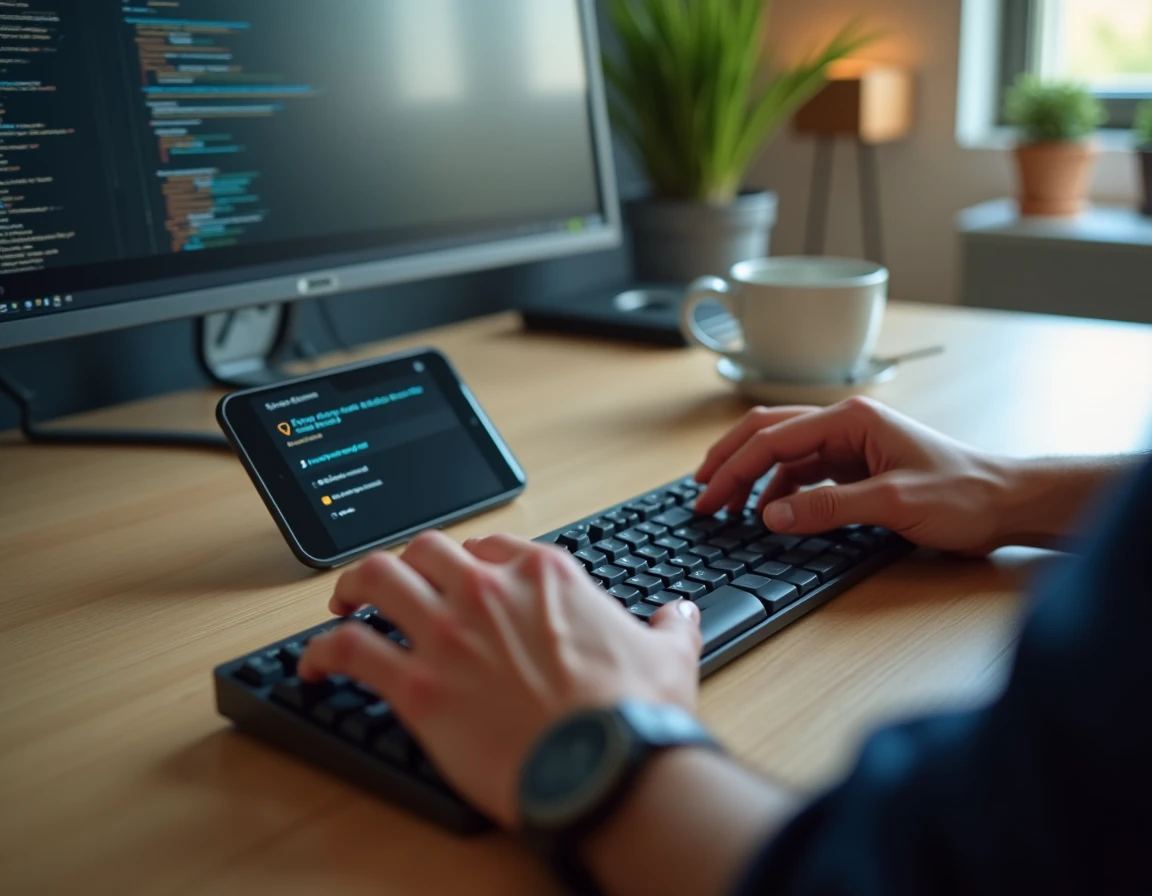 Mains tapant sur un clavier mécanique avec un smartphone affichant une alerte de détection de virus par application de scan