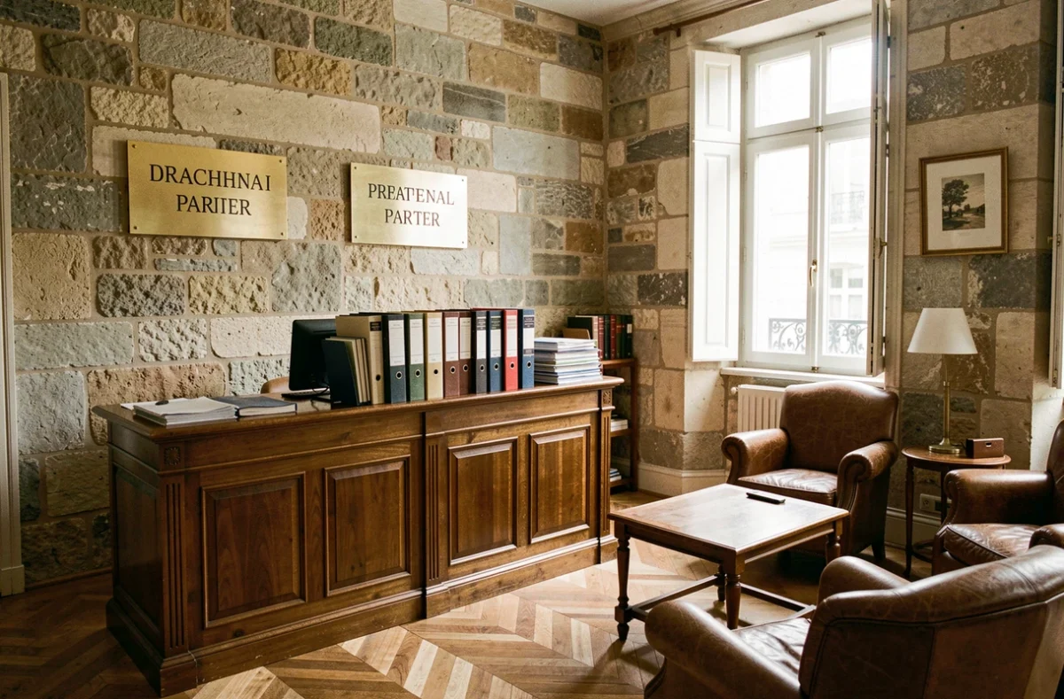 Réception d'une SCP d'avocats avec plaques nominatives sur mur en pierre et mobilier classique