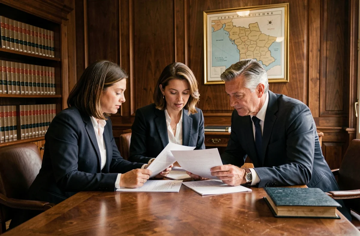 Équipe de trois avocats en costume autour d'une table de réunion examinant des actes juridiques