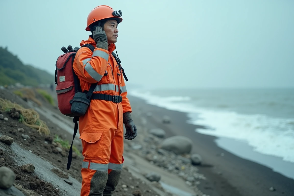 Membre d'une équipe de secours japonaise en tenue orange sur une digue effondrée après le tsunami de Tohoku 2026, regardant vers l'océan Pacifique