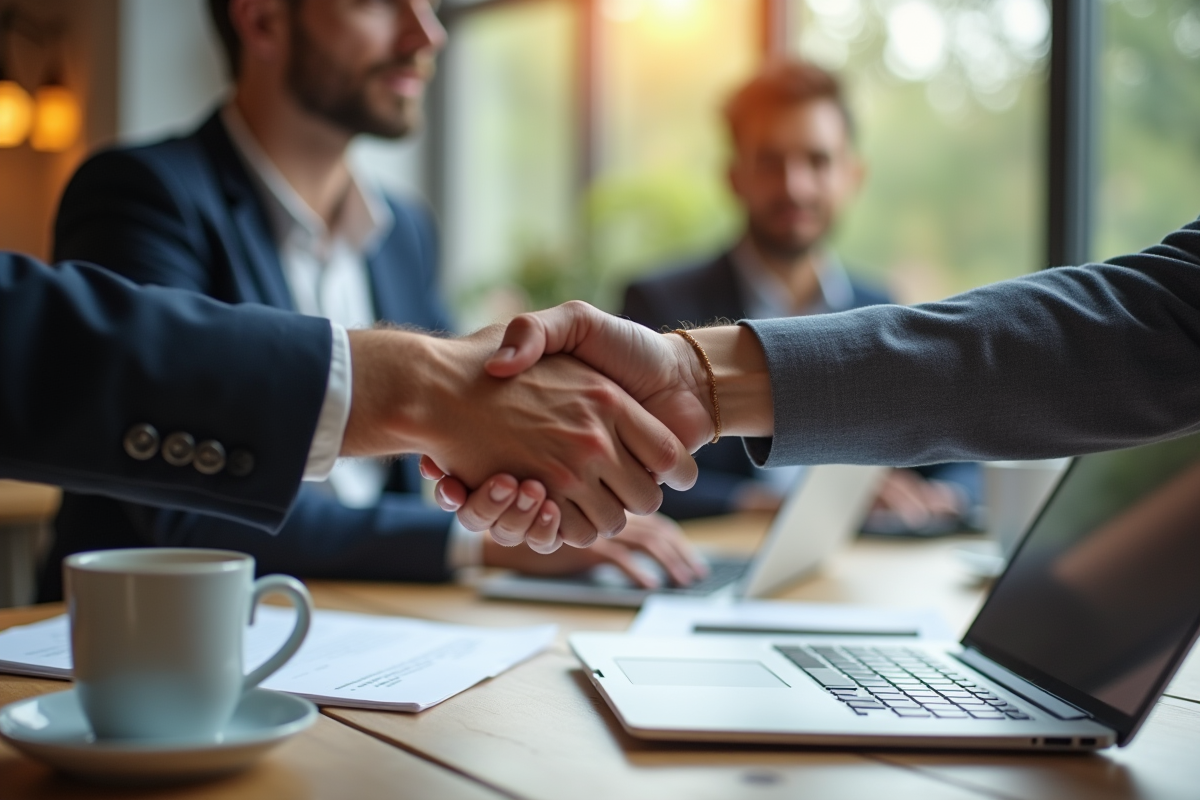 Deux professionnels se serrant la main sur un contrat dans un espace de coworking