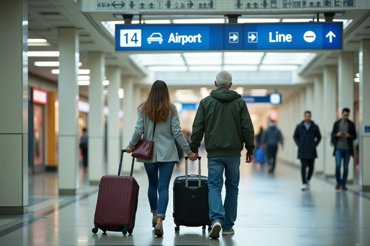 Voyageurs à la sortie du métro ligne 14 à l'aéroport Paris-Orly, panneaux de direction et signalétique RATP visibles