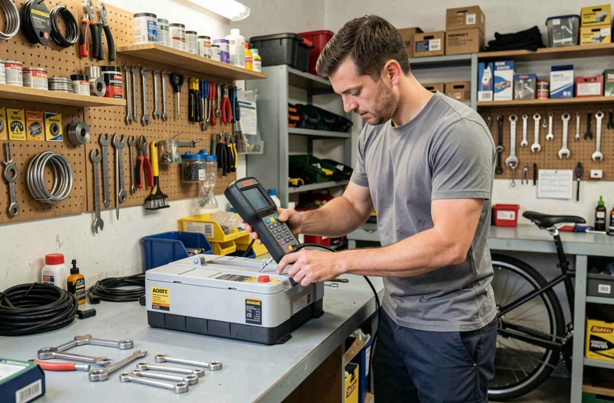 Mécanicien du magasin Speedy à Soisy-sous-Montmorency diagnostiquant la batterie d'un vélo électrique en atelier
