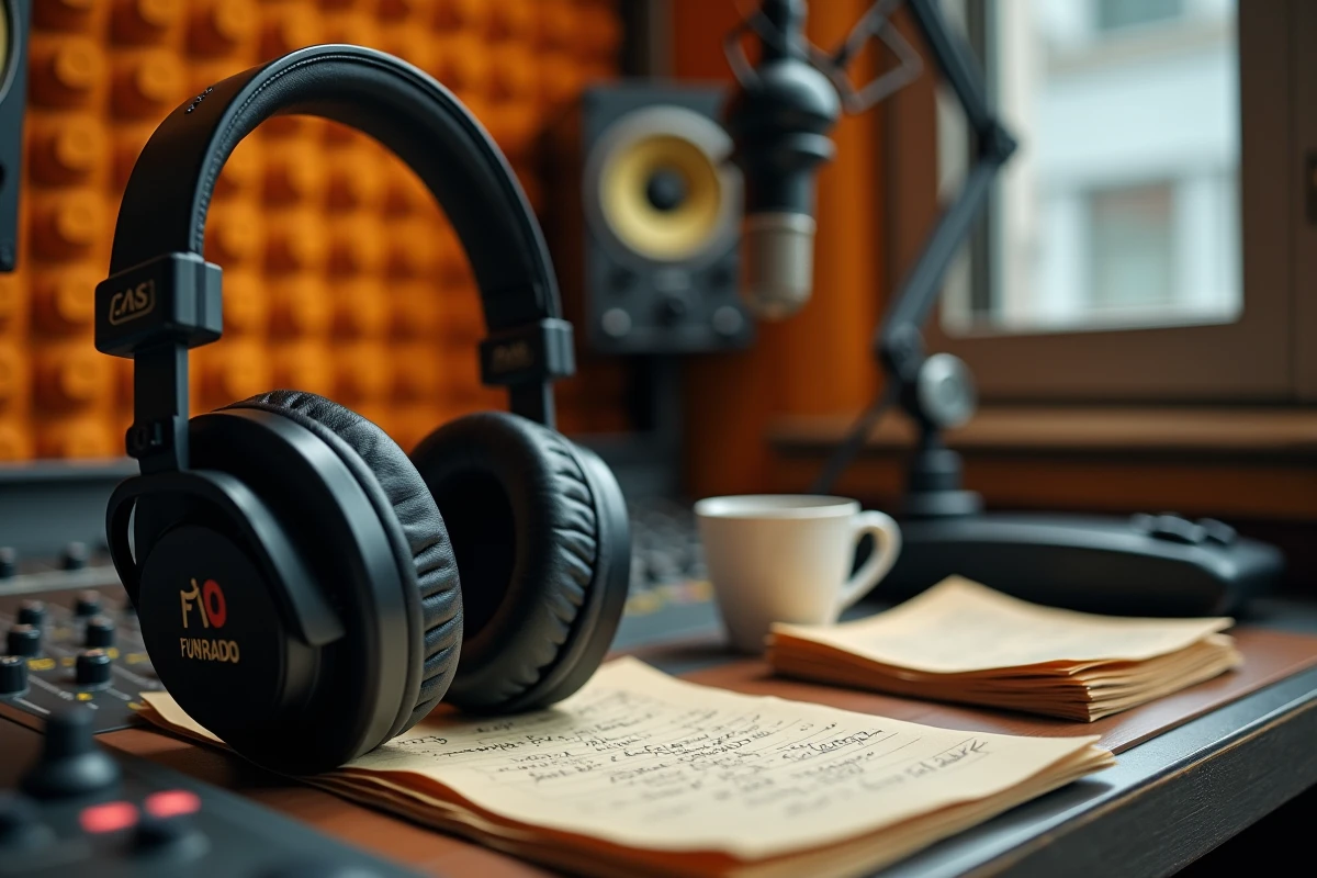 Casque audio professionnel posé sur une console de radio vintage dans un studio de radiodiffusion, ambiance nostalgique des émissions cultes des années 90-2000