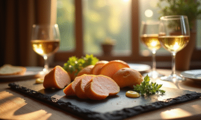 Table élégante avec foie gras tranché et vin doré