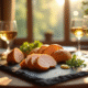 Table élégante avec foie gras tranché et vin doré