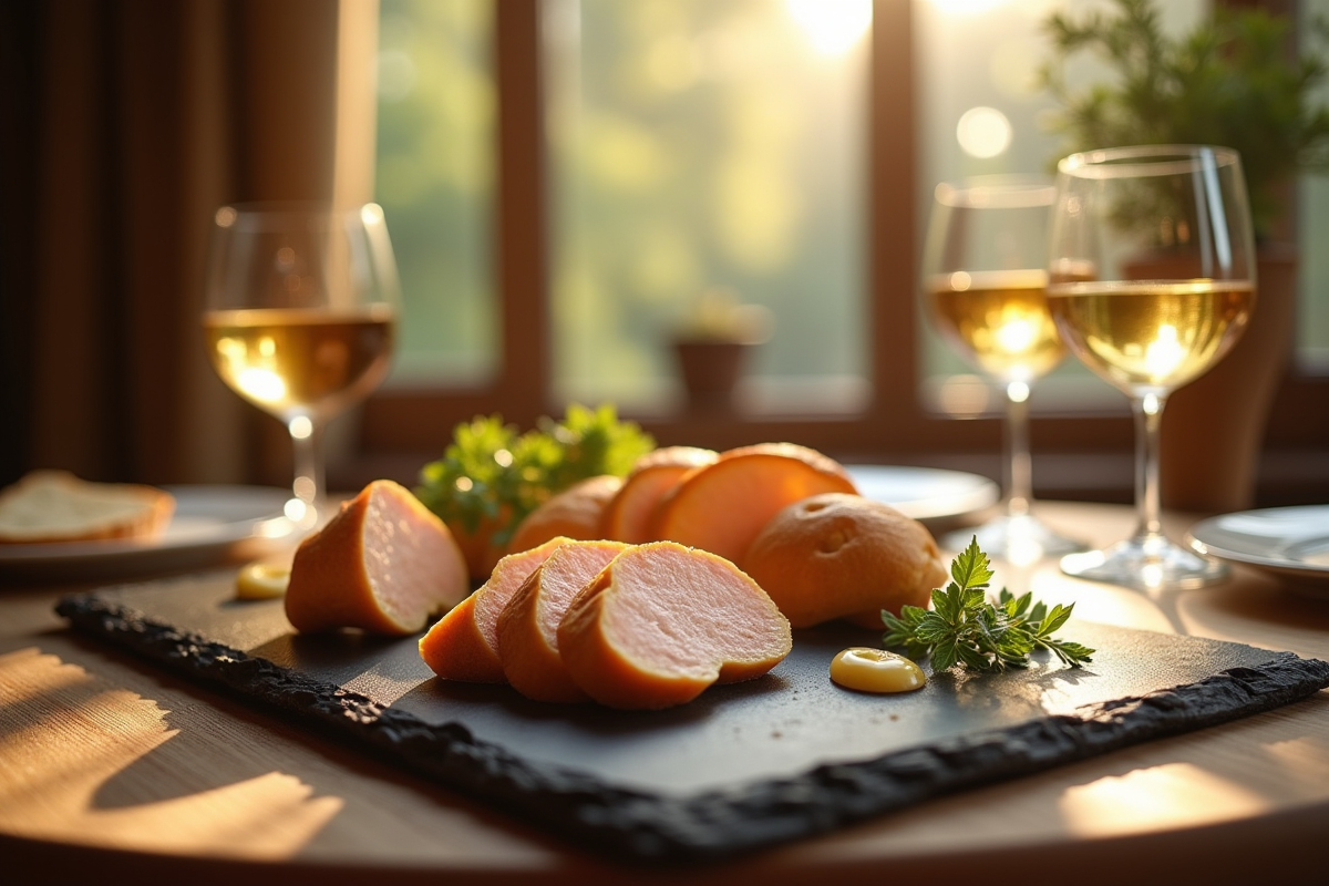 Table élégante avec foie gras tranché et vin doré
